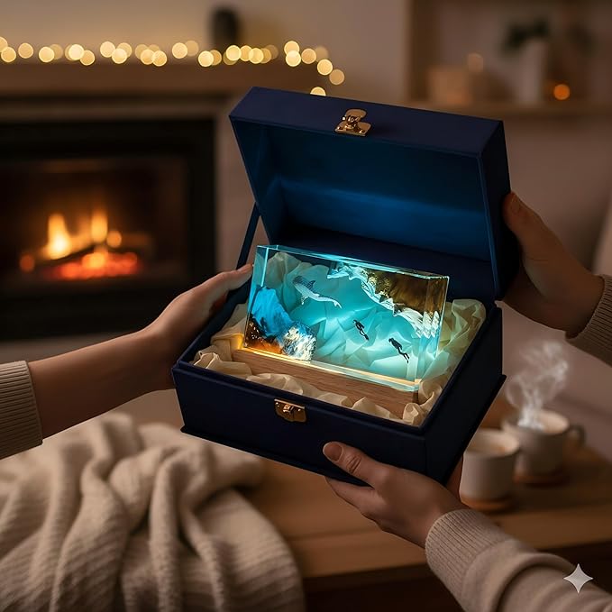 Handmade Ocean Resin Night Light 7-Color LED Lamp with Remote, Epoxy Resin Wood Lamp for Bedroom Decor & Desk, Romantic Valentine’s Day Gift for Her, Men's Office Decor (Whale, Large)