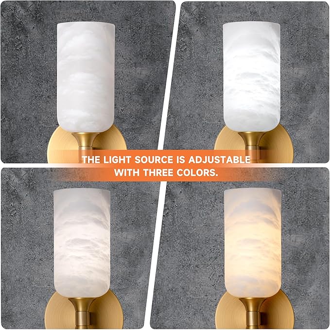 Alabaster Wall Sconce, 14in Modern Spanish Natural Marble Bathroom Vanity Sconces, Unique Indoor Brass Wall Lighting,Gold Fixtures Decor for Bedroom Living Room Staircases