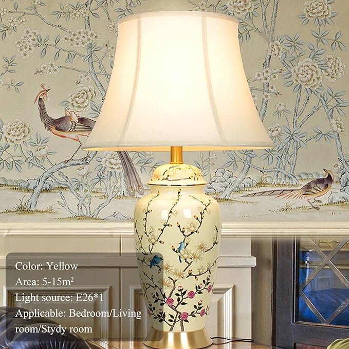 Flower Bird Ceramic Table Lamp, Rustic Vintage White 26.7" Tall Coastal Bedside lamp, Ceramic Lamp Body with Fabric Tapered Drum Shade for Living Room Bedroom House Bedside Nightstand Home