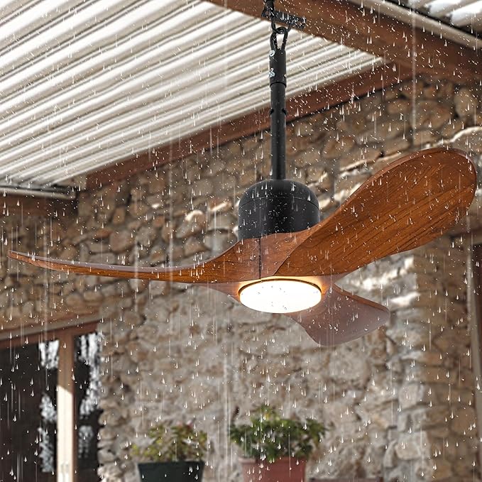 3 Blades Wood Outdoor Ceiling Fan with Light for Patios, Farmhouse Rustic Ceiling Fans with Lights, Plug-in Wet Rated Outdoor Gazebo Fan for Exterior House Porch Patio, Waterproof (34IN)