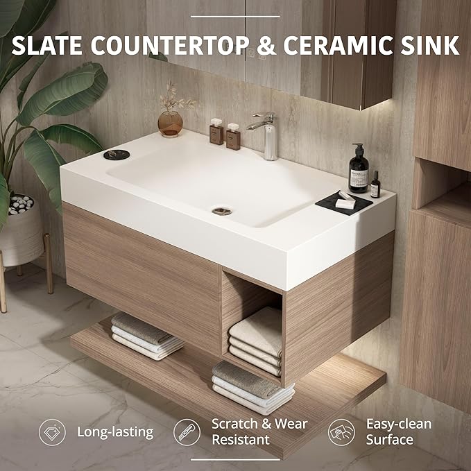 30" Modern Floating Bathroom Vanity Set with Sink, Side Cabinet, LED Smart Mirror Cabinet, Soft-Close Drawer & Open Storage Shelves, Light Walnut