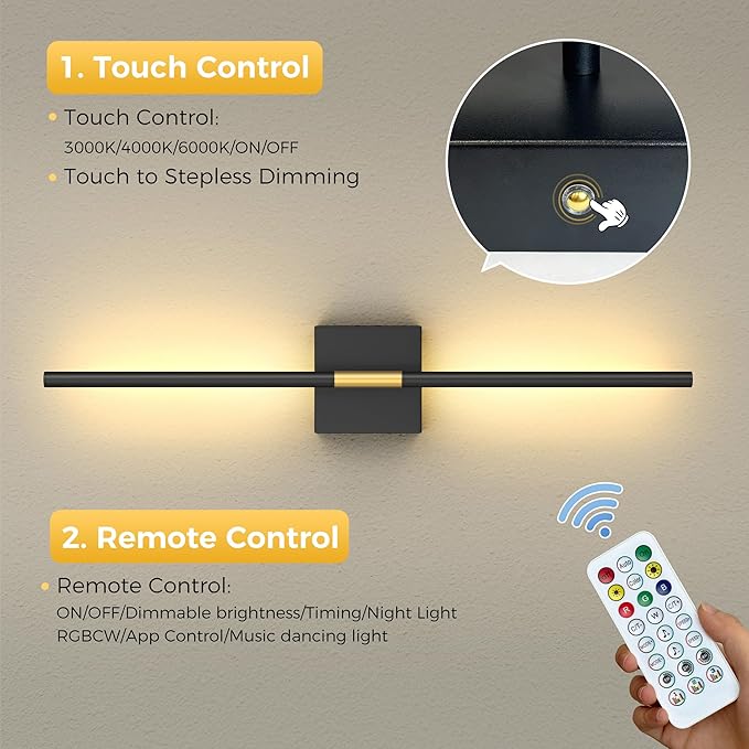 L LOHAS LED Battery Operated Wall Sconces Set of 2, Battery Wall Sconce 10000mAh, Gold and Black Rechargeable Sconces 3CCT + RGB, 28.7 Inch Wall Lights, Sconce Wall Decor for Bedroom, Living Room