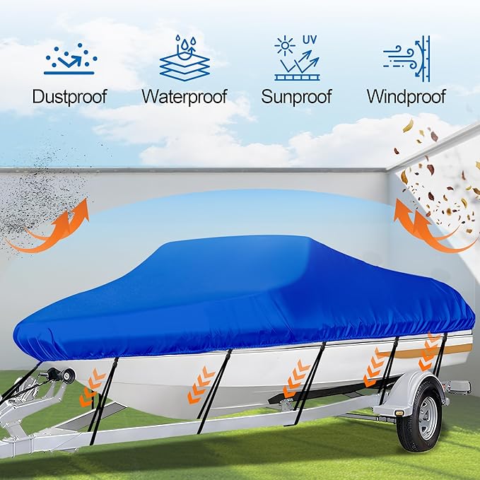 iCOVER Trailerable Boat Cover- 17'-19' Heavy Duty Waterproof Tarp Covers with Storage Bag, Fits V-Hull, Fish&Ski, Pro-Style, Fishing, Runabout, Bass Boats, up to 17ft-19ft Long X 96" Wide