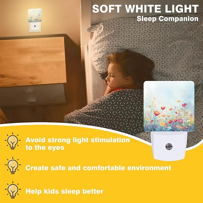 Night Light Watercolor Wildflower Field Night Lights Plug into Wall Smart Dusk to Dawn Sensor 0.5W Energy Efficient Led Lamp for Men Women Bedroom Bathroom Hallway Stairway Decor