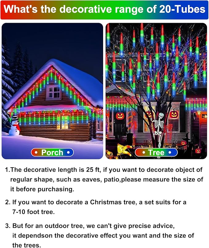 Meteor Shower Lights UL Certified 1080 LEDs 20 Tubes Falling Rain Drop Christmas Icicle Cascading Lights for Xmas Tree Halloween Decorations Wedding Party Holiday Garden Decor, Multicolor