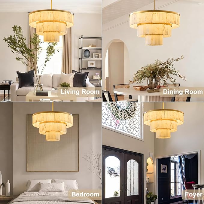 D34.3 Round Alabaster Chandelier, 3-Tier Brass Marble High Ceiling Chandeliers, Modern Dining Room Chandeliers Living Room Light for Entryways, Foyer, Stair, Kitchen Gold(Include Bulbs)