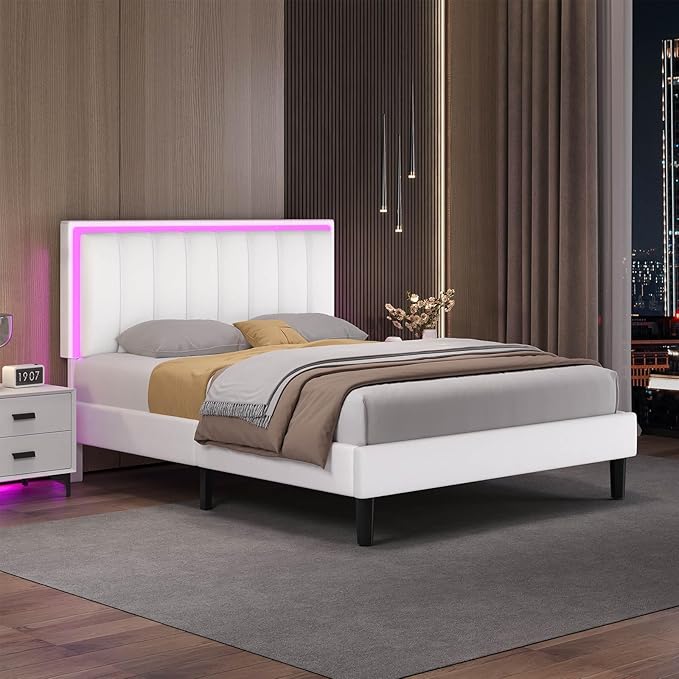 Queen Bed Frame, Bed Frame Queen Size with LED Lights, Upholstered Queen Bed Frames with Headboard, Heavy Duty Wood Slats Support, Noise-Free, No Box Spring Needed, Easy Assembly, White