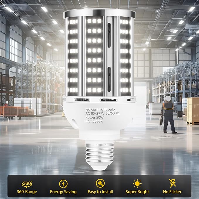 50W 2 Pack LED Corn Light Bulb,5000K Daylight 6500LM(500W Equivalent) Commercial GradeE26/E39 Medium Mogul Base LED Lamp,Large Area Lights for Outdoor Indoor Garage Warehouse Factory Bay Light