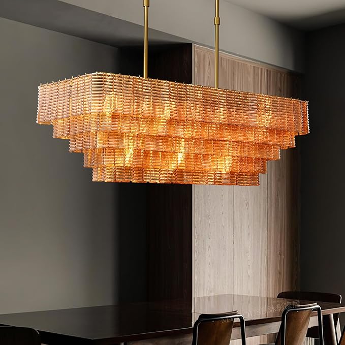 Rectangular Large Chandelier for Dining Room, 59" Amber Glass Pendant Light Fixture Over Kitchen Island, Linear Chandelier with Adjustable Height, Gold Chandeliers for Dining Table & Living Room