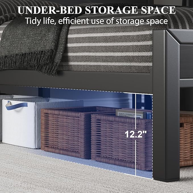 King Size Bed Frame with Storage Headboard, Industrial Platform Bed with Charging Station and LED Lights, Heavy Duty Metal Slats, No Box Spring Need, Noise Free, Black