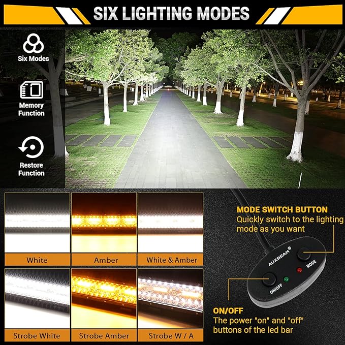 Auxbeam 7 Inch LED Light Bar, 300W 6 Modes Amber White Offroad Lighting, LED Driving Spot Work Light Pod with Wiring Harness for Trucks Car Pickup ATV Jeep Boat Golf Cart(Pack of 2)