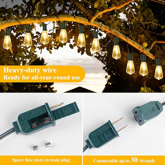 Brightever 50FT Outdoor String Lights Waterproof, 2700K Bright LED Patio Lights with 27 ST38 Shatterproof Vintage Bulbs, Retro Edison String Lights for Outside, Garden, Christmas Decor, Green Wire