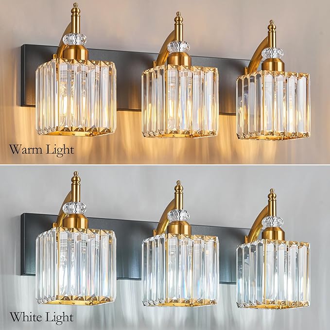 Modern Bathroom Vanity Light 3-Light Black and Gold Crystal Light Fixtures Over Mirror for Bathroom Wall Sconce