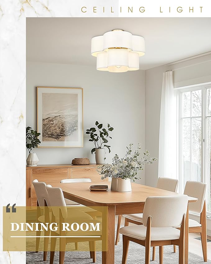 Gold Semi Flush Mount Ceiling Light, 5-Light 18" Ceiling Light Fixtures with Double Fabric Drum Shade in Quatrefoil Shape, Light Fixtures Ceiling Mount for Nursery Bedroom, AD-22007-5SF-GD
