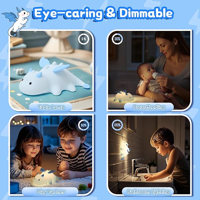 Attivolife Dragon Night Light for Kids, Cute Soft Silicone Touch Lamp with 8 Color & Dimmable & Timer, Portable Nursery Bedroom Bedside Decor LED Light, Birthday Xmas Gifts for Baby Toddler Boy Girl