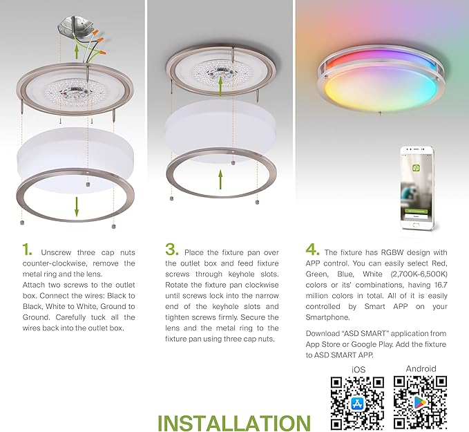 ASD LED 18" Round Flush Mount Lighting, Close to Ceiling Light Fixture | Smart, Multicolor, Dimmable, ETL Listed | 28W 1850LM RGB-2700-6500K 120V | Low Profile Double Ring Lamp | Nickel, 2 Pack