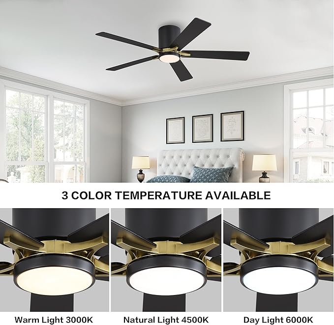 WINGBO 48" DC Flush Mount Ceiling Fan with Lights, 5 Plywood Blades, 6-Speed Reversible DC Motor, 3CCT, Low Profile Hugger Ceiling Fan for Living Room Bedroom Kitchen, Black and Brass