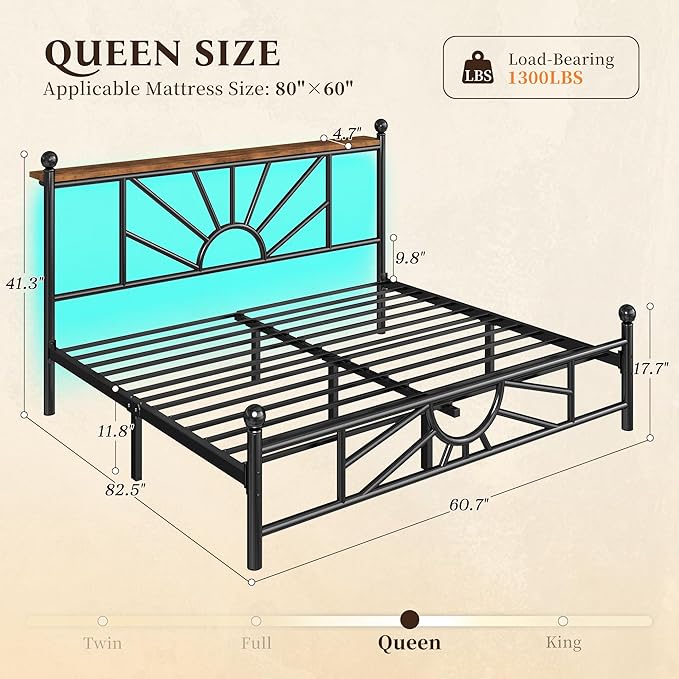 Queen Size Bed Frame Metal Platform with Headboard & LED Light, Bed Frame with Under Bed Storage/No Box Spring Needed/Noise-Free/Easy Assembly, Black