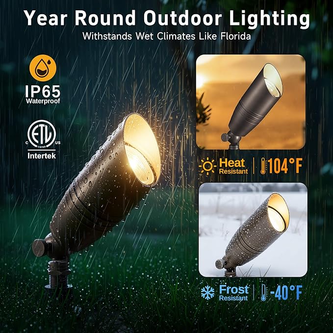 Gardenreet Low Voltage Spotlight LED - 12V Outdoor Light Fixture Weather Proof, Brass Landscape Lights Hardwired, Bronze Coastal for Flag Sign with Cool Light MR16 Removable Bulbs (10 Pack)