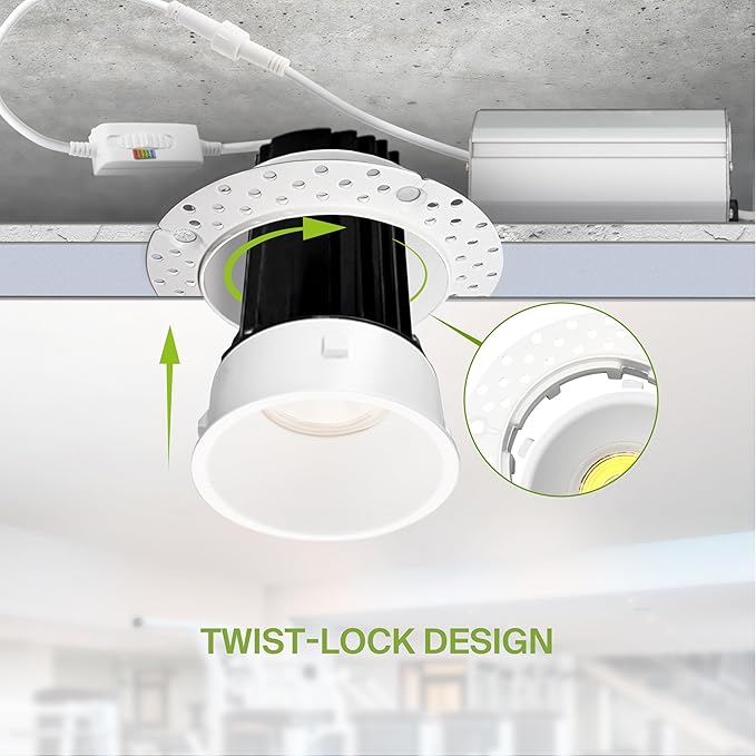 ASD Trimless 2 Inch LED Recessed Lighting, 15W 120V Round Commercial Downlight, Canless Dimmable Lights for Ceiling with J-Box, 5 CCT 2700K-5000K, CRI 90+, IC Rated, ETL, White, 4 Pack