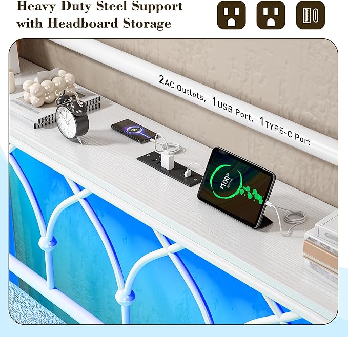 EnHomee 54" King Bed Frame with Headboard, Metal King Size Bed Frame with LED Lights and Power Outlets, Heavy Duty Steel Slats Support with Storage, Sturdy & Noise-Free, No Box Spring Needed, White