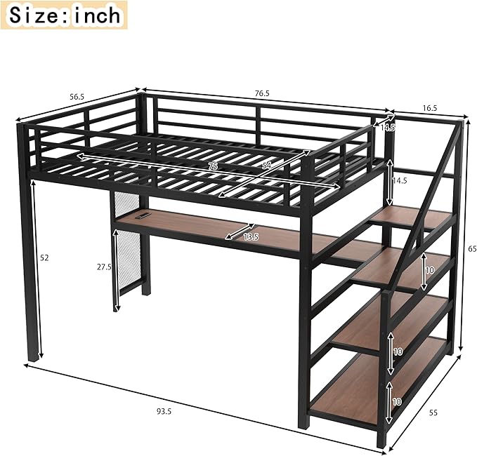 Bellemave Full Loft Bed with Desk & Storage Stairs, Metal Full Size Loft Bed Frame with Iron Nets, LED Lights & USB Ports, Heavy Duty Adult LoftBed for Bedroom, Noise-Free, Black