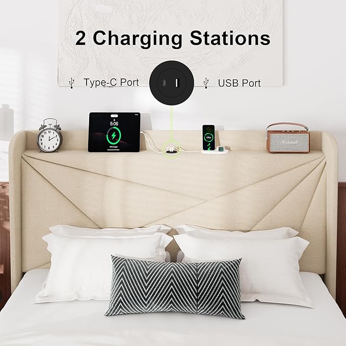 Feonase Queen Size Bed Frame with Charging Station, Linen Upholstered Platform Bed Frame with Wingback Storage Headboard, Solid Wood Slats Support, No Box Spring Needed, Noise Free, Beige
