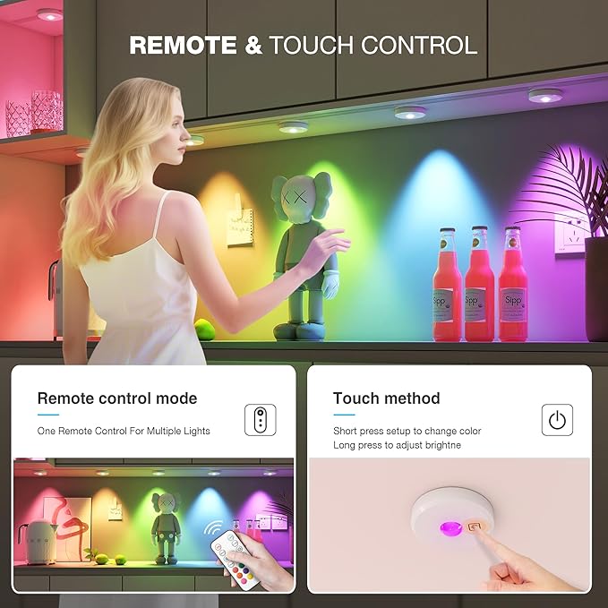 RGB Puck Lights with Remote Control, 2000mAh Battery Operated Tap Lights Rechargeable, 9 Colors & 2 Dynamic Changing Under Cabinet Lighting, Magnetic Stick on Light for Closet(White, 5 Pack)