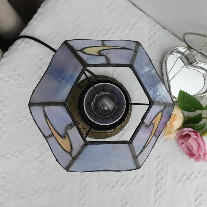 Tiffany Lamp - Pink Blue Moon Stained Glass Table Lamp 7x7x13 Inches - Pink Blue Moon Style Desk Reading Bedside Light - Bedroom & Living Room Decor