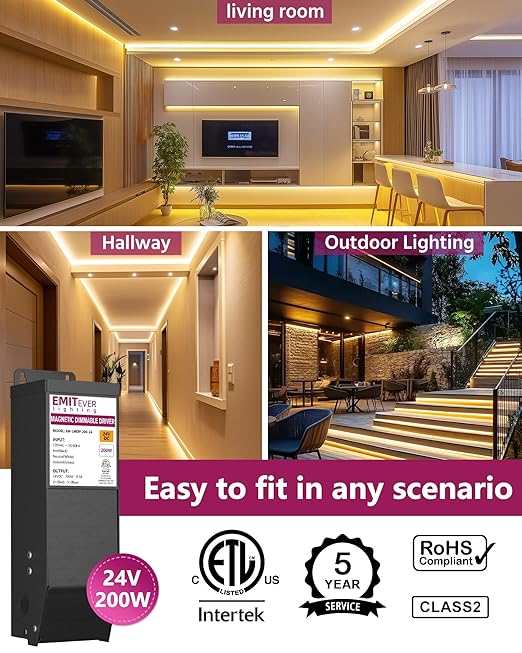EMITEVER 200W Magnetic Dimmable LED Drvier, 24V Transformer Magnetic Power Supply 120VAC to 24VDC, Compatible with Lutron and Leviton Dimmer, for LED Strip Light,Kitchen,Cabinet,ETL Listed