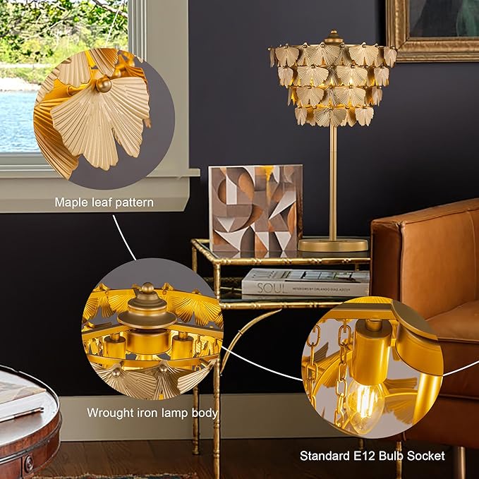TOCHIC 3 Lights Table Lamp for Living Room, Gold Ginkgo Leaves Bedside Table Lamp for Bedroom, 26" Tall Modern Traditional Desk Nightstand Lamp for Entryway, Staircase, Home Office