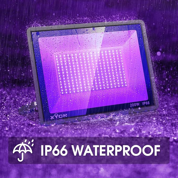 200W 4 Pack LED Black Light, Outdoor Blacklight Flood Lights with Plug and Switch, IP66 Rated for Glow in The Dark, Halloween Party, Body Paint, Aquarium