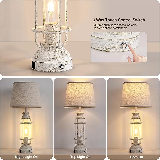 28" Table Lamps for Living Room Set of 2, 3 Way Dimmable Touch Lamps with USB A+C Ports,Farmhouse Table Lamps for Bedroom,Industrial Lamp for Living Room End Tables,4 Bulbs Included