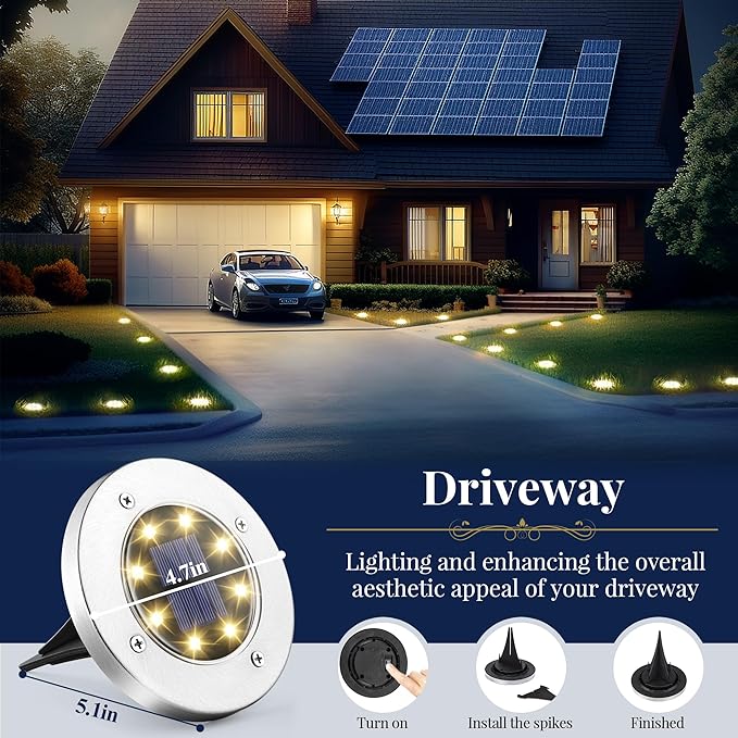 SOLPEX Solar Ground Lights, 12 Pack Solar Lights Outdoor Waterproof, 8 LED Solar Powered Landscape Lighting for Garden Yard Patio Driveway Pathway Walkway (Warm White)