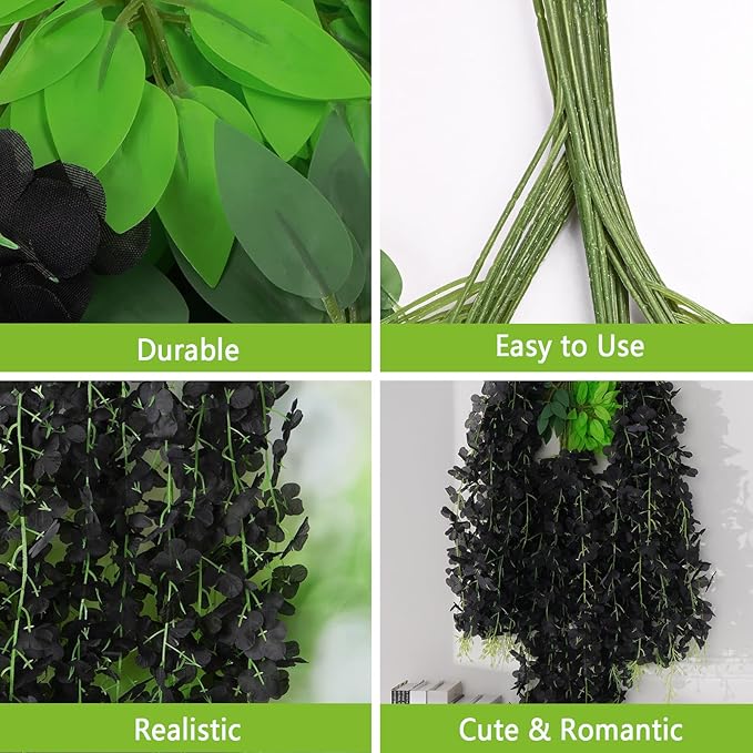 BLEUM CADE 36Pcs Black Fake Wisteria Hanging Flowers, 3.6Ft/Pcs Artificial Wisteria Garland, Hanging Flowers for Wedding Party Home Backdrop Wall Decoration