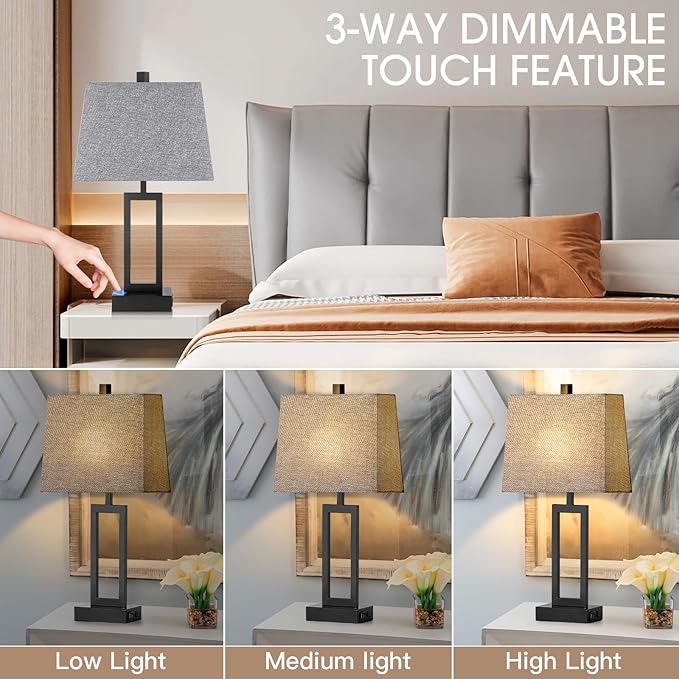 Touch Control Table Lamps Set of 2, Modern Bedside Lamps with USB A+C Ports & AC Outlet, 3 Way Dimmable Contemporary Nightstand Lamps for Bedroom Living Room Gray(LED Bulb Included)