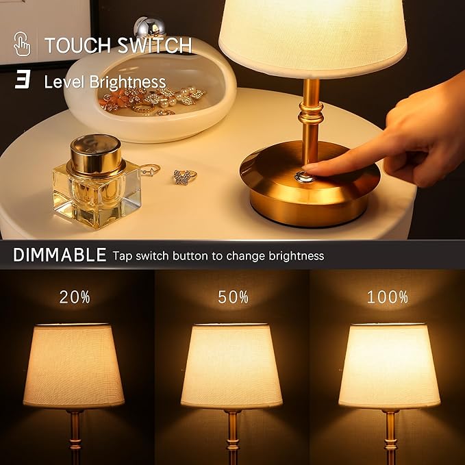 Mini – Cordless LED Table Lamp with Dimmer, Built-in Rechargeable Battery, 3-Level Brightness, Patio Table Lamp, Bedside Night Lamp, Ambient Light for Restaurant(Antique Brass)