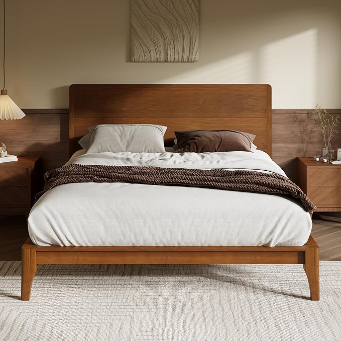 Merax King Size Bamboo Platform Bed, Mid-Century Modern Bed Frame with Tall Headboard, Solid Sustainable Bedframe King-Size, Wood Slat Support, No Box Spring Needed, Easy Assembly, Noise Free, Brown