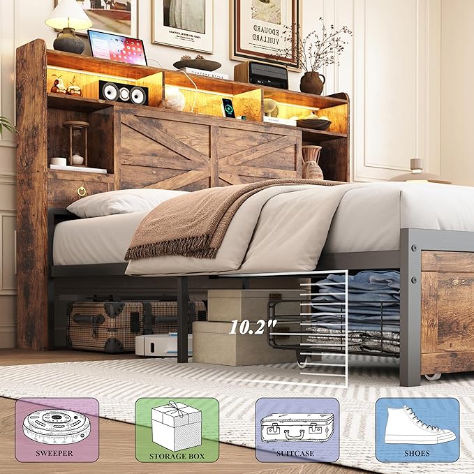 Full Bed Frame with 4 Drawers Bookshelf Headboard, Farmhouse Bed Frame with Charging Station & LED Lights, Metal Slats Support, Noise Free, No Box Spring Needed Rustic Brown