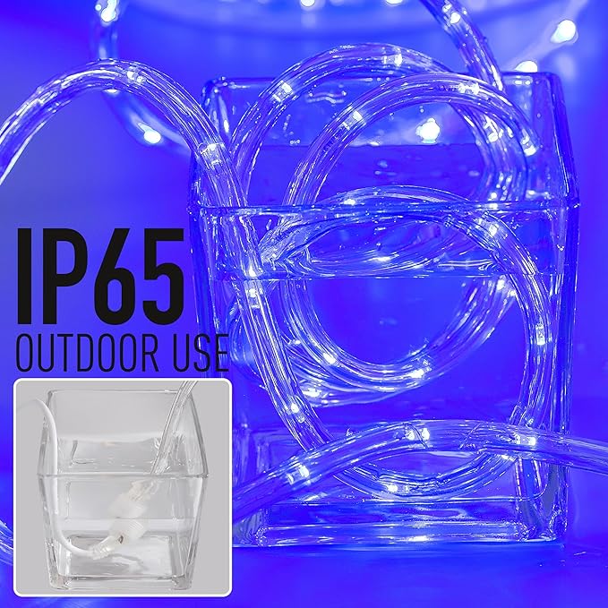 Waterproof LED Rope Lights, Connectable & Flexible with 8 Modes, Outdoor Lighting for Deck, Garden, Pool, Patio & Christmas Decor (Blue, 50ft)