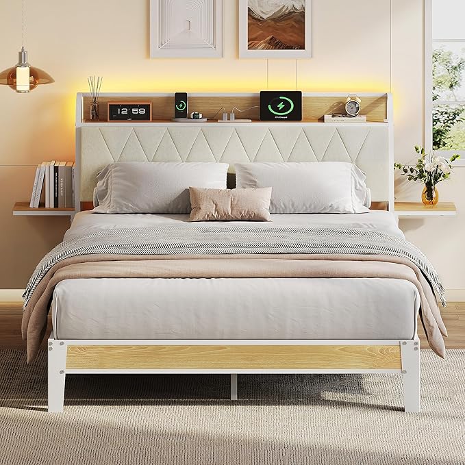 WLIVE Queen Bed Frame with Headboard, Upholstered Bed Frame with 2 Storage Shelves, Platform Bed with LED Lights and Charging Station, 1500LBS Mattress Foundation, No Box Spring Needed, Beige