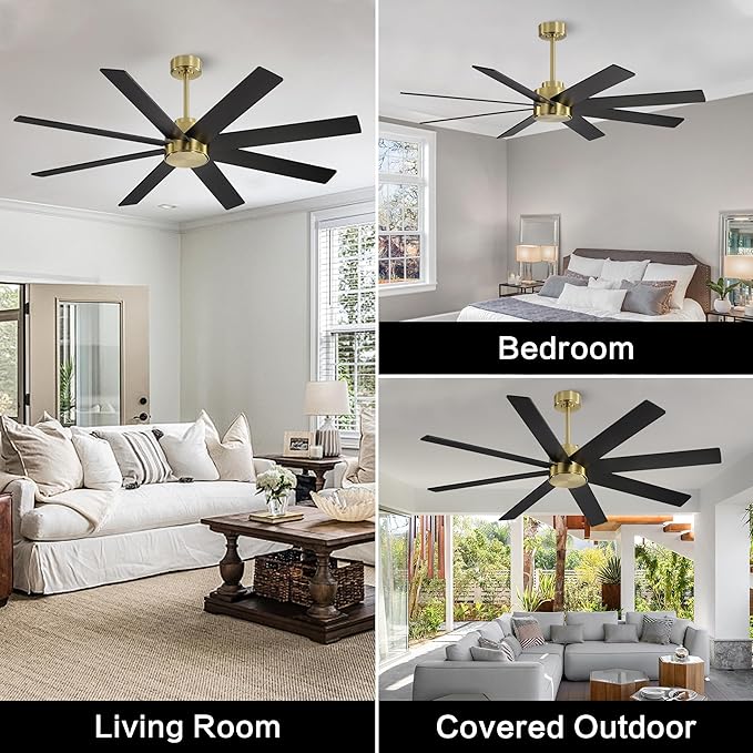 WINGBO 60" Large DC Ceiling Fans without Lights, 3 Downrods, 8 Plywood Blades, 6-Speeds Reversible DC Motor, Indoor Ceiling Fan No Lights for Bedroom Living Room Patio, Brass and Black