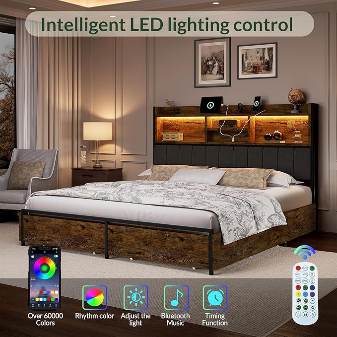 LARMACE King Bed Frame with 6 Storage Drawers, Bed Frame King Size with Linen Upholstered Headboard, Built in Charging Station and LED, No Noise, Metal Support, No Box Spring Needed,Vintage Brown