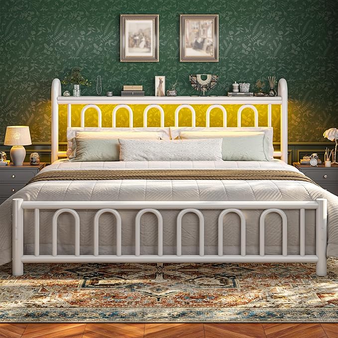 King Size Bed Frame Metal Platform Bed Frame/Victorian Headboard/LED Light/Sturdy Mattress Foundation with Under Bed Storage/No Box Spring Needed/Noise-Free/Easy Assembly, White