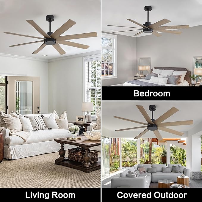 WINGBO 60" Large DC Ceiling Fans without Lights, 3 Downrods, 8 Plywood Blades, 6-Speeds Reversible DC Motor, Indoor Ceiling Fan No Lights for Bedroom Living Room Patio, Black and Gray
