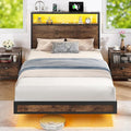 BedsPick Twin Size Bed Frame with 2-Tier Storage Headboard, Sturdy Metal Platform Bed Frame with Charging Station & LED Lights, Noise-Free/Metal Support/No Box Spring Needed, Rustic Brown