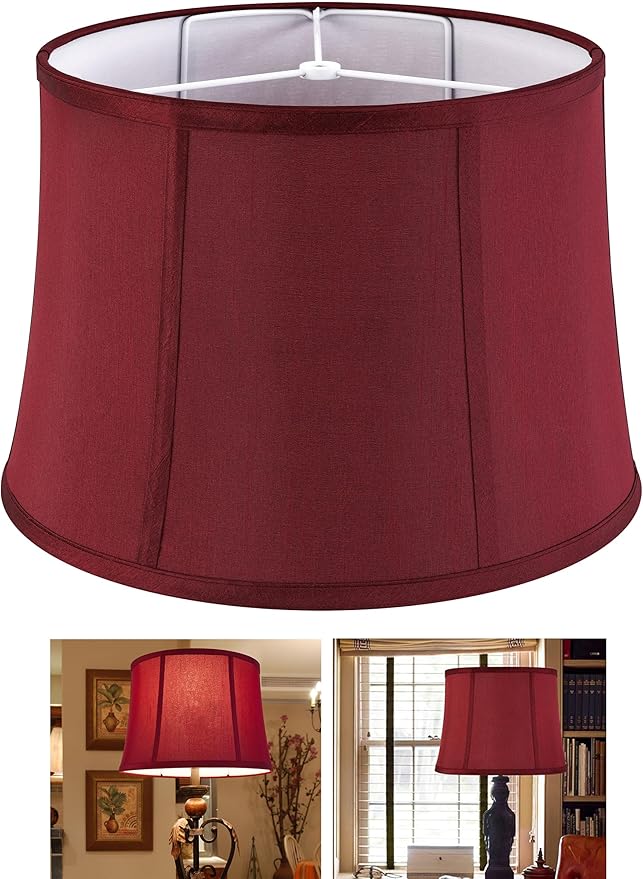 GOSO Medium Burgundy Red Drum Lamp Shade for Table Lamps Floor Lamp,12x14x10 inch (Spider) Fabric Faux Silk Lampshades Replacement, Art Deco Vintage Lamp Shades for Living Room&Bedroon-Easy Assembly