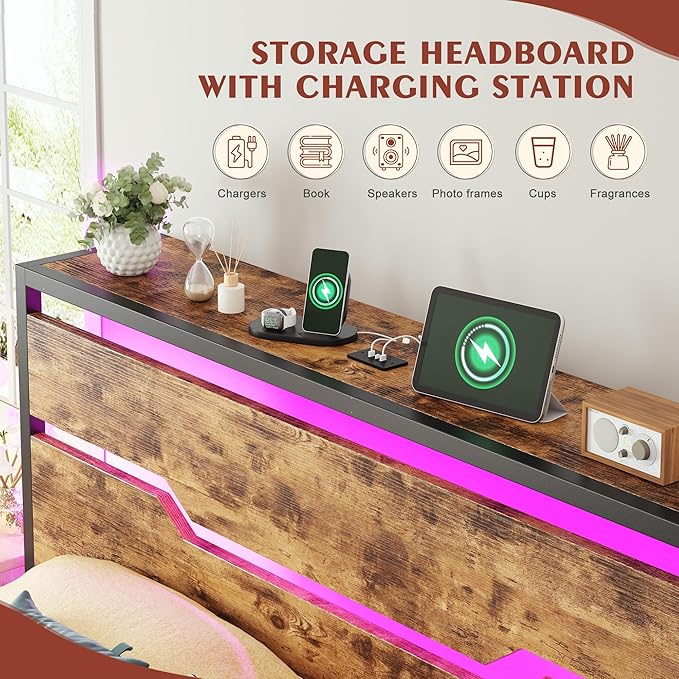 Full Size Bed Frame with LED Lights & Charging Station,Bed Frame Full with Headboard & 13" Under Bed Storage, All-Metal Support System, No Box Spring Needed, Easy Assembly,Modern Brown