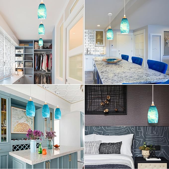 GO&SO 2 Pack Blue Pendant Light Shade Replacement,Hand-Blown Fluid Flow Texture, 7.8"H Oval Fixture,1.57" Fitter, E26 Base, for Hanging Light Fixtures & Mini Chandelier & Pendant Lights Kitchen Island