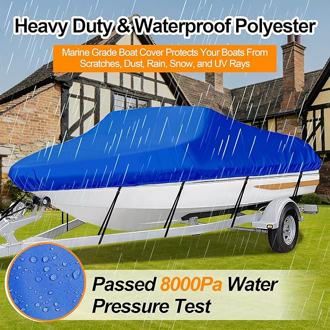 iCOVER Trailerable Boat Cover- 14'-16' Heavy Duty Waterproof Tarp Covers, Fits V-Hull, Fish&Ski, Pro-Style, Fishing, Runabout, Bass Boats, up to 14ft-16ft Long X 90" Wide